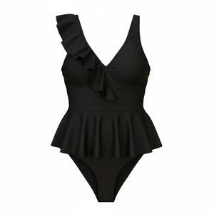 Woman Black Ruffled One-Piece Swimsuit